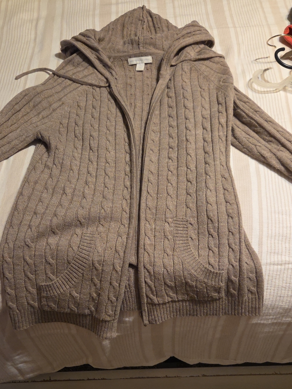 New York & Company Hooded Cable Knit Cardigan - Taupe